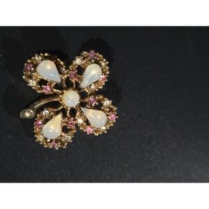 Unbranded Clover Brooch  Gold Faux Opal Pink Rhinestone Lucky Vintage Pin